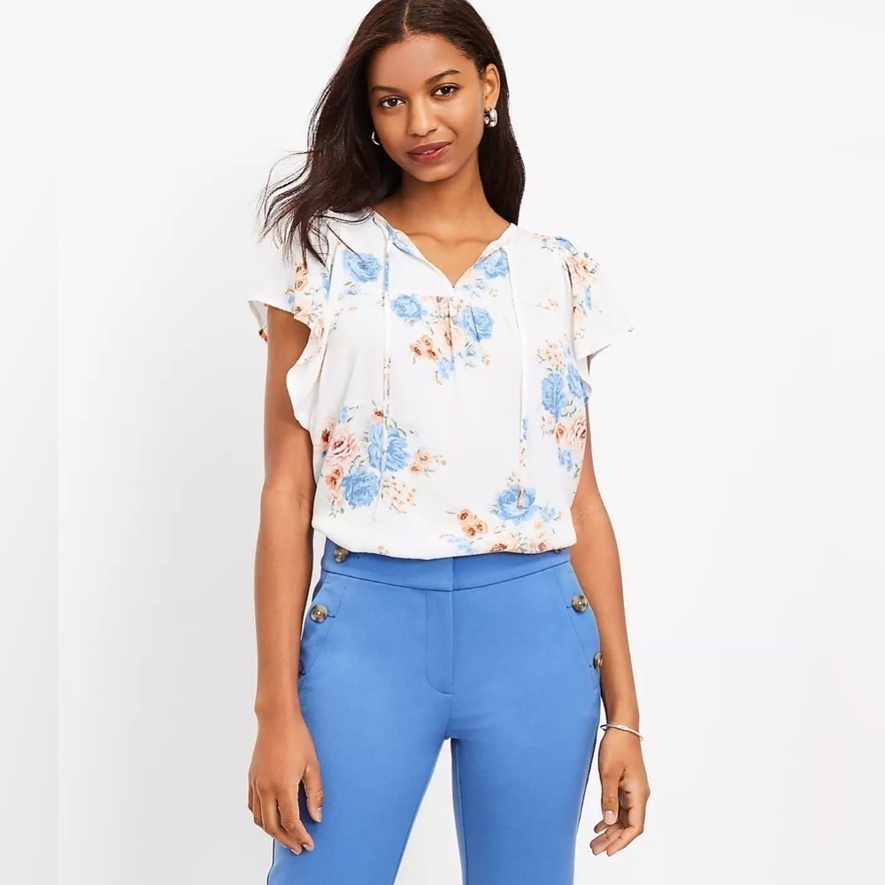 LOFT Blossom Flutter Tie Neck Top - Size S - Spring Floral Casual